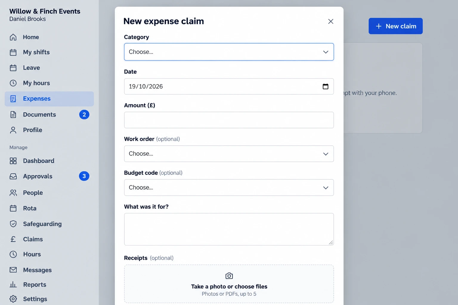 The New expense claim form, with fields for category, date, amount in pounds, an optional work order and budget code, what it was for, and a box to take a photo or choose up to 5 receipt files.