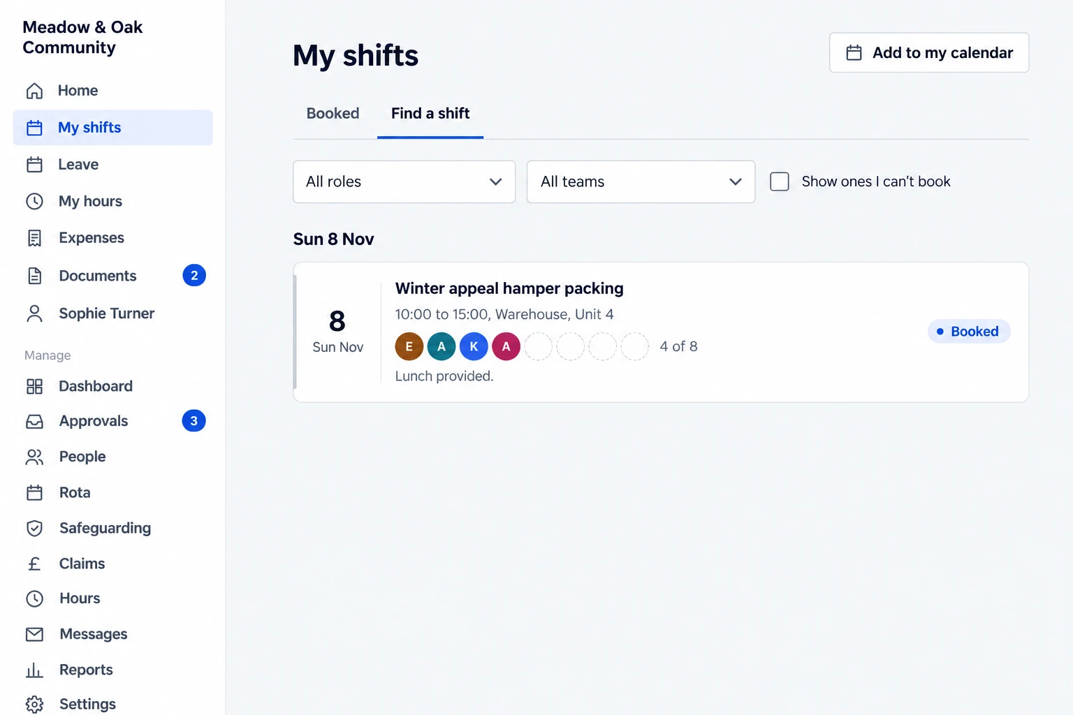 The Find a shift tab of My shifts, showing a Winter appeal hamper packing shift on Sunday 8 November, 10:00 to 15:00 at the warehouse, with 4 of 8 places filled, a note saying lunch provided and a Booked label. An Add to my calendar button sits at the top.
