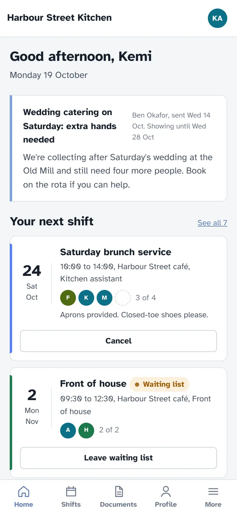 The staff app on a phone, greeting Kemi with a pinned notice from her manager and her next shift, Saturday brunch service, 10:00 to 14:00.